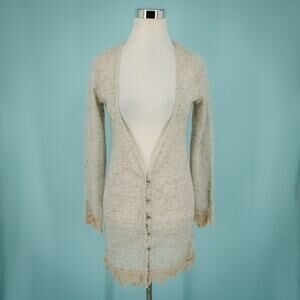 Free People Size XS Oatmeal Lace Button Long Sleeve Linen Duster Tunic Cardigan